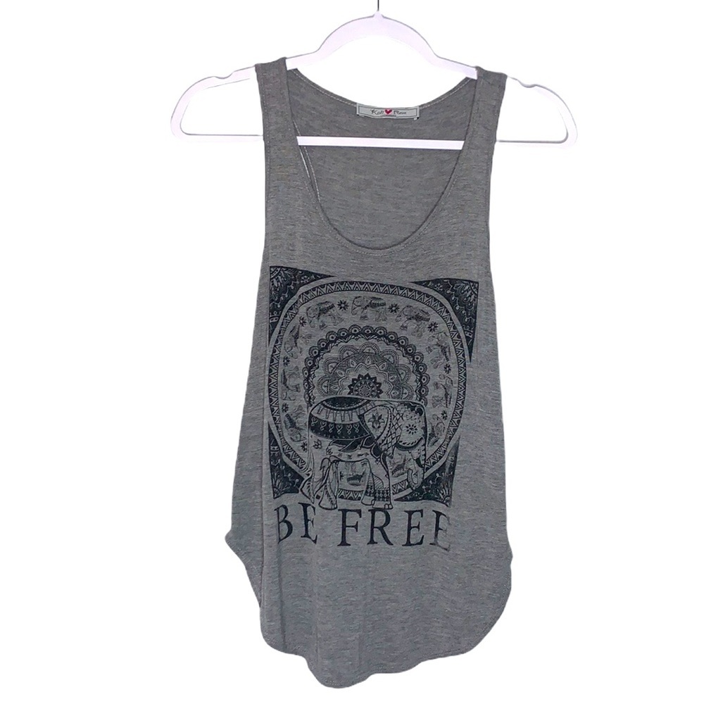 Kali Reve Los Angeles Gray Be Free Elephant Graphic Tank Top Boho Size Large